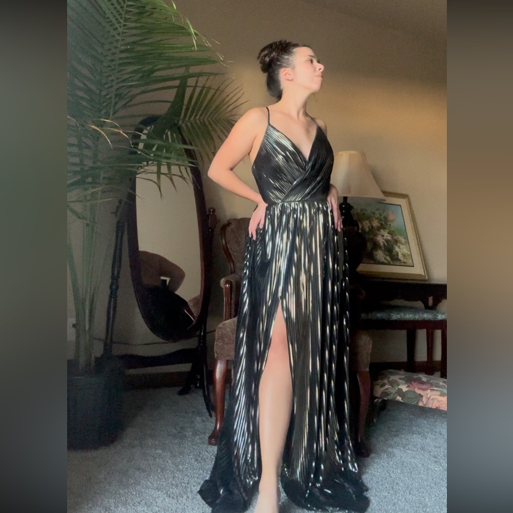 Galina Signature Elegant Black Metallic Evening Gown